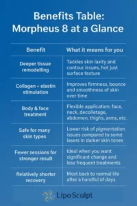 How Often Can I have Morpheus 8? 3 Table showing the benefits of Morpheus 8 treatment from Lipo Sculpt Ashby-de-la-Zouch